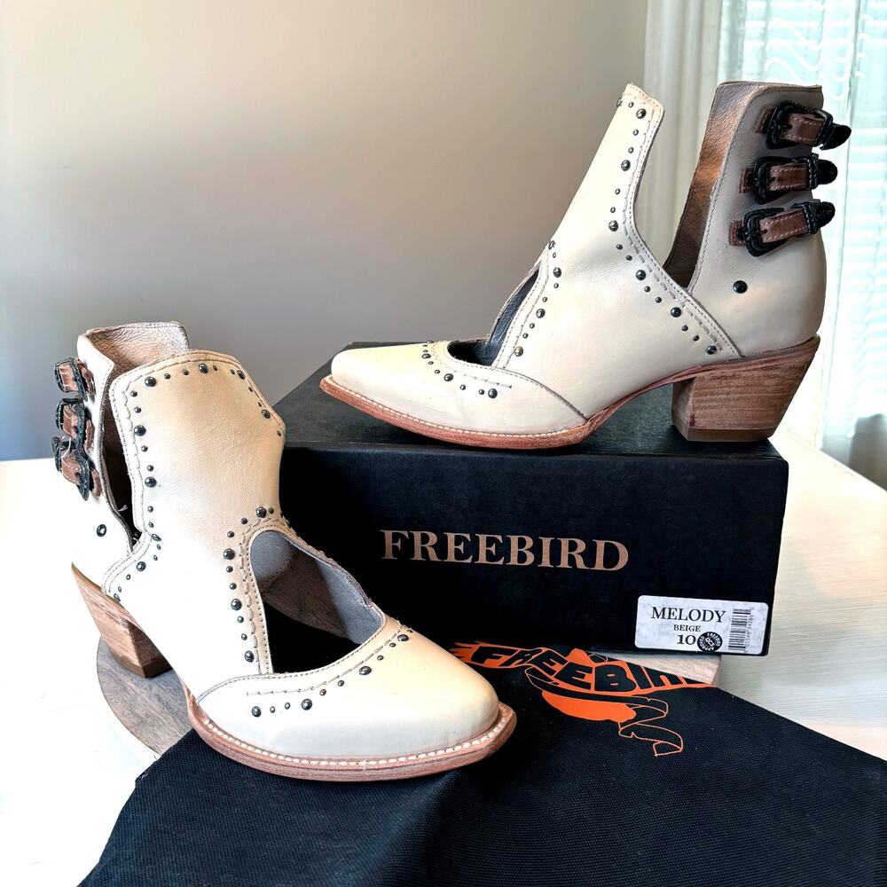 Freebird by Steven Melody Boots Women's 10 Beige Leather Studded Western Cutout